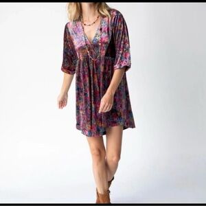 Floral Velvet V-Neck Mini Dress in Multicolor